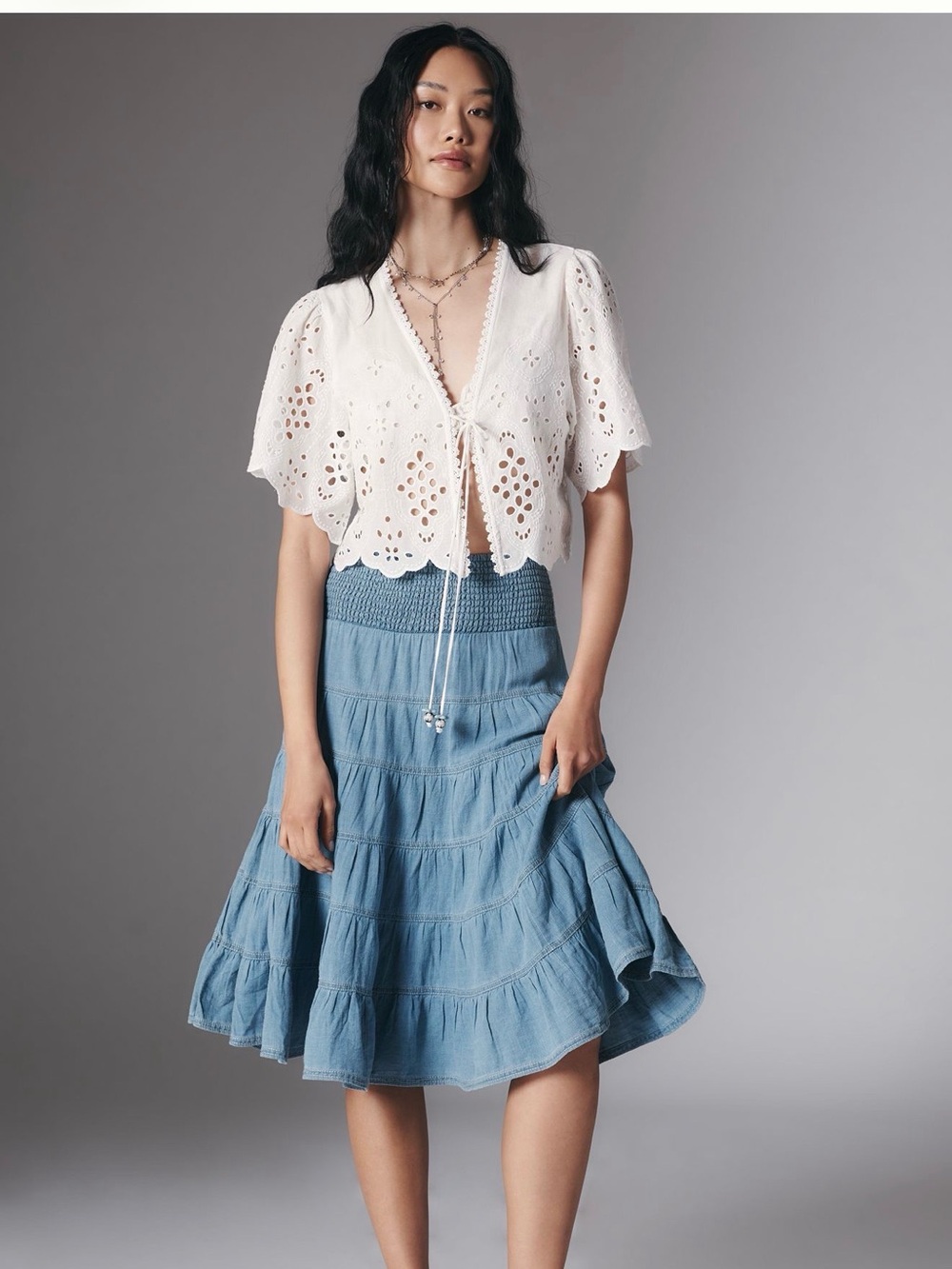 Pilcro Reese 100% Cotton Smocked Midi Skirt